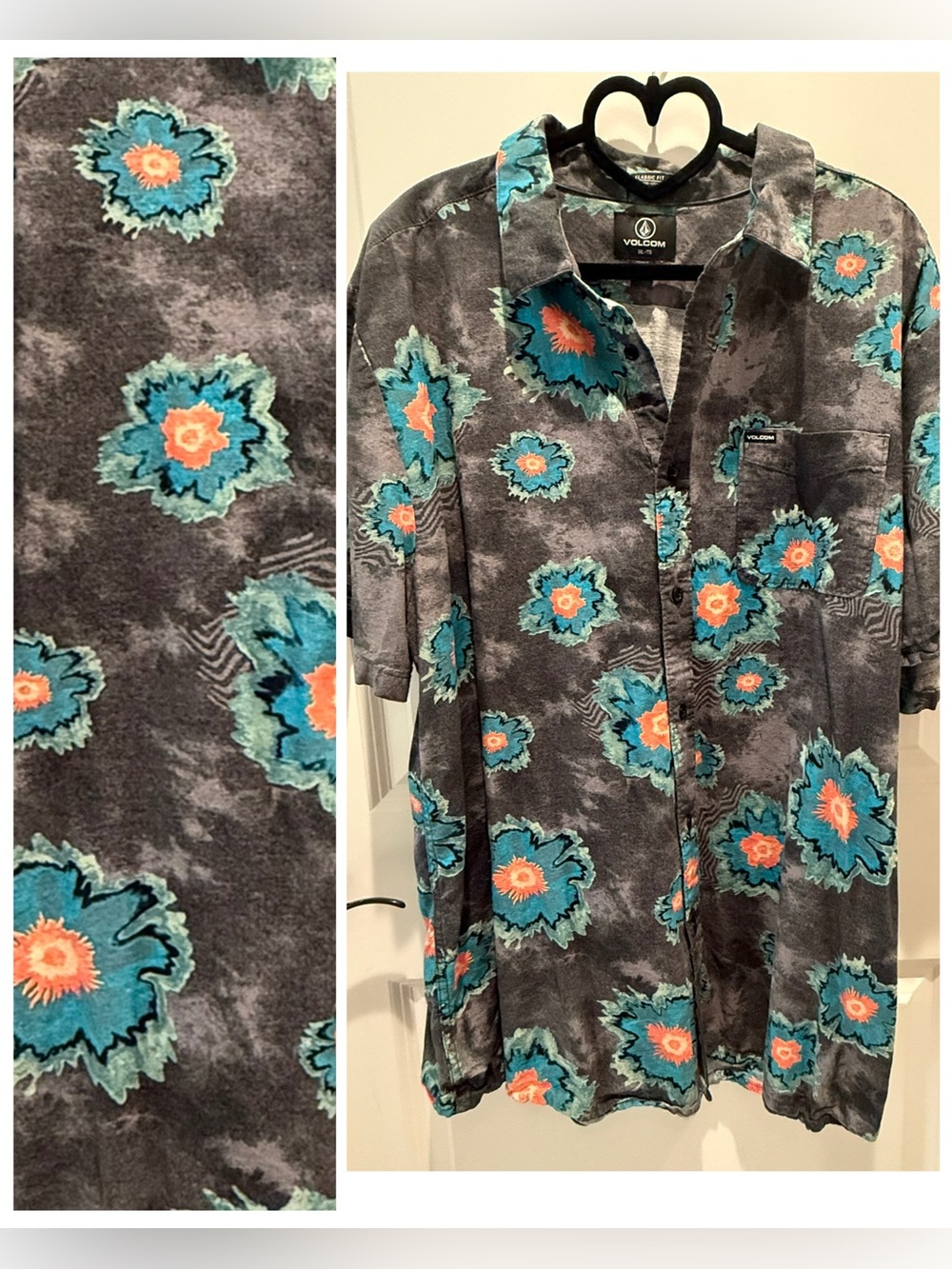 Volcom Men’s Gray Button-Up Shirt with Teal and Coral Floral Print